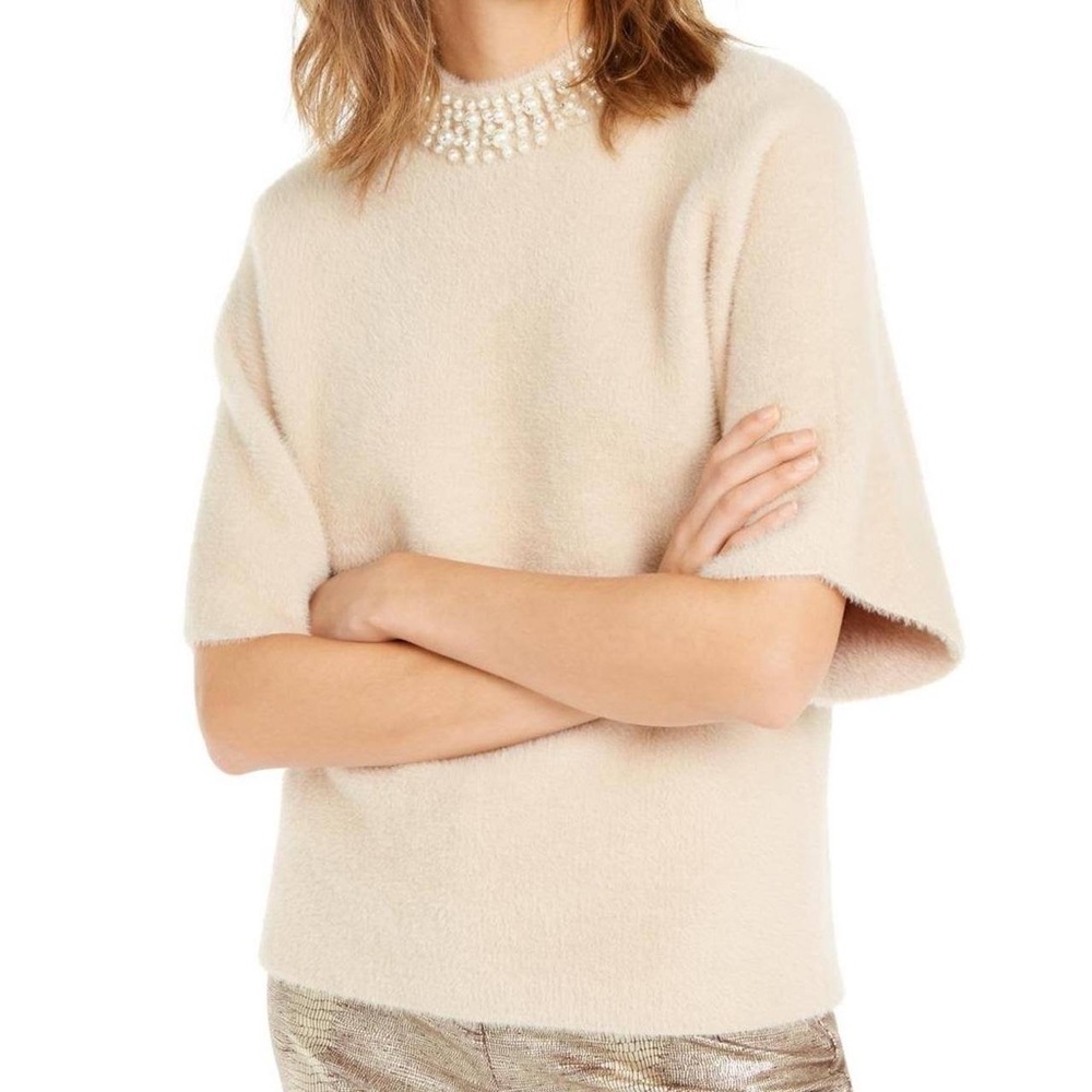 Alfani Soft Fluffy Sweater With Pearl Embellished Collar!